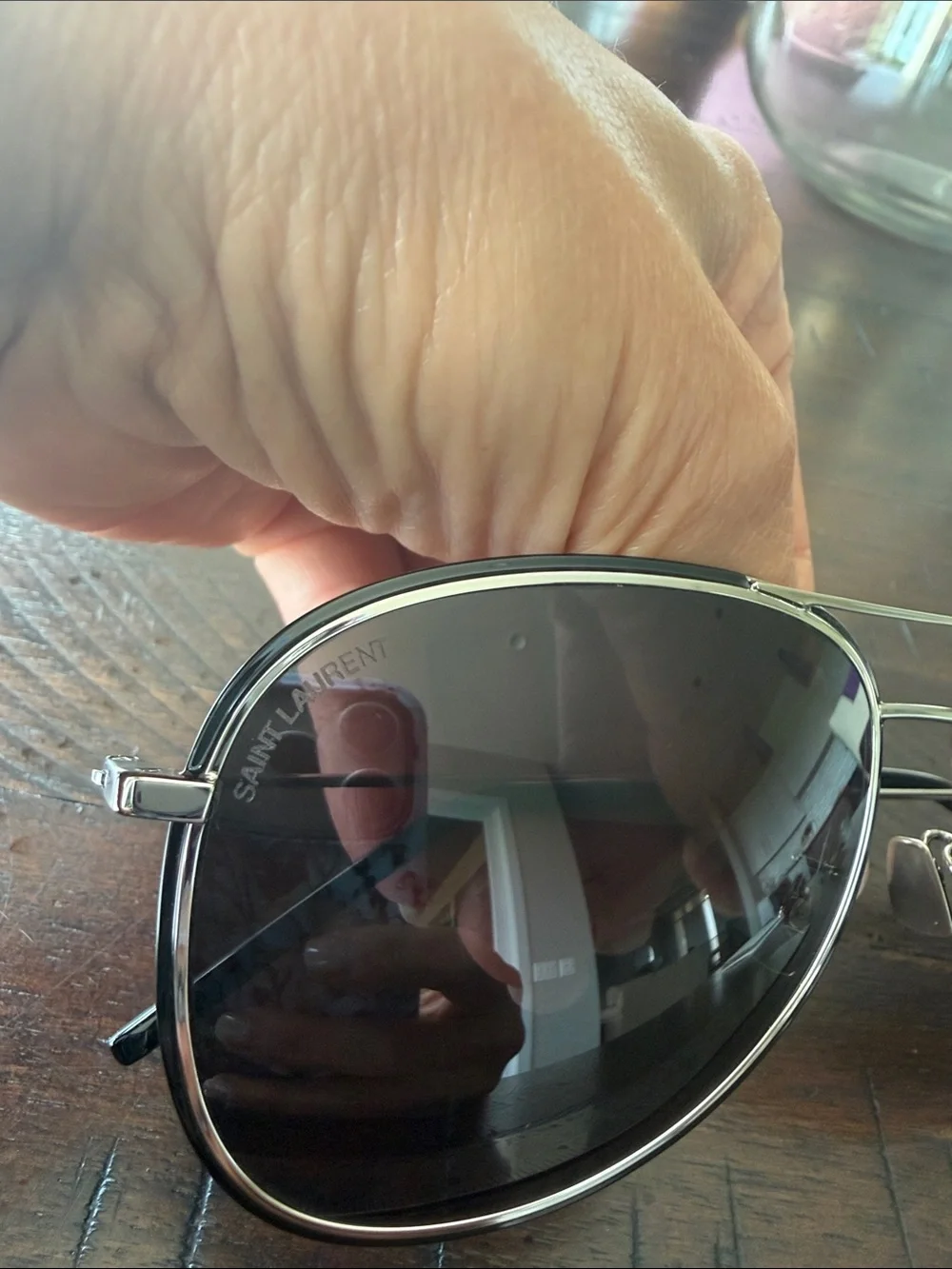 Saint Laurent Silver Aviator Sunglasses with Black Lenses